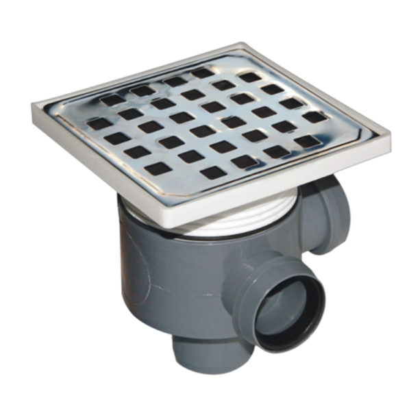 Stainless Steel Floor Drain w. 2 entrys, 1 exit, vertical 15 x 15