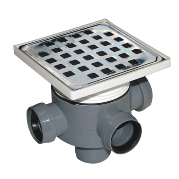 Stainless Steel Floor Drain w. 3 entrys, 1 exit, vertical 15 x 16