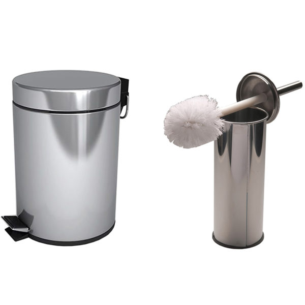 Stainless Stell Step-On Wastebasket and Toilet brush as a two-piece set